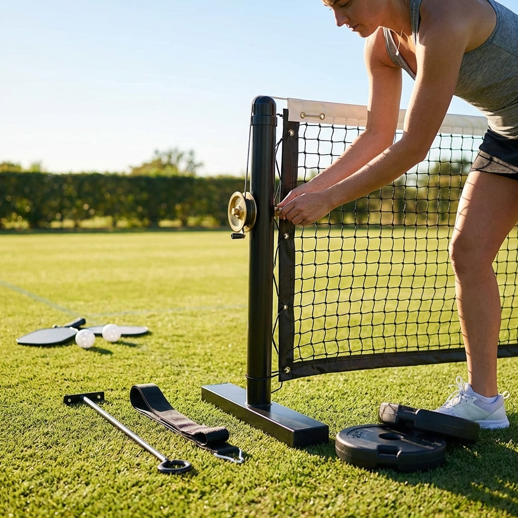 Pickleball posts with base plates in blue, black, and green for club use - product detail