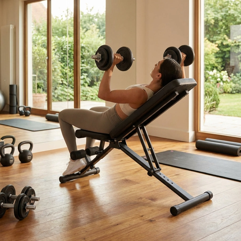 Adjustable weight bench with black steel frame and leather padding