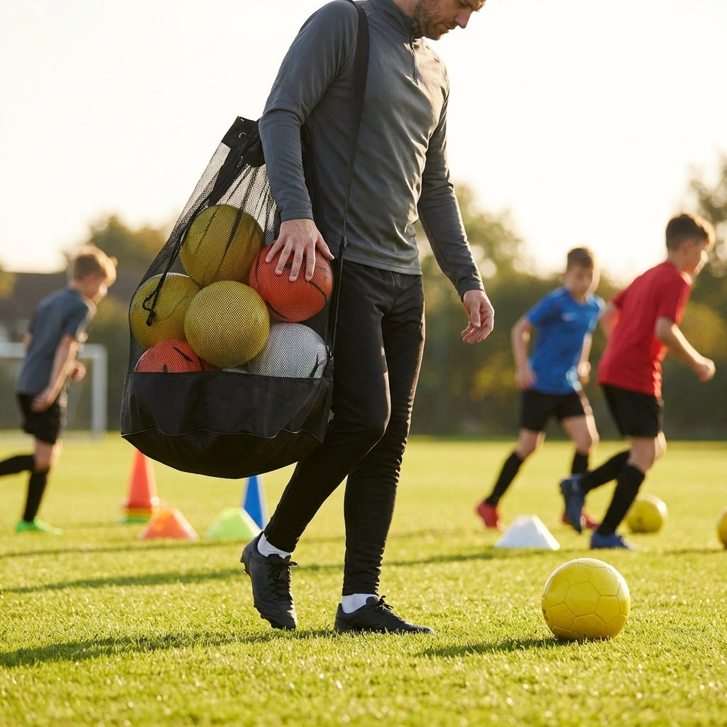 Football carry bag with 12 footballs, durable mesh - product detail