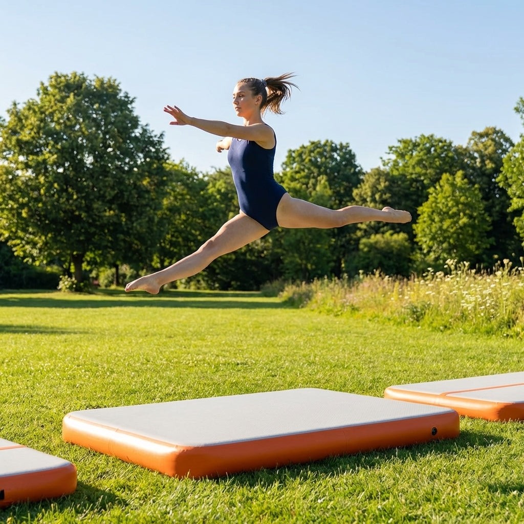 Inflatable Gymnastics Block in orange, grey, and black
