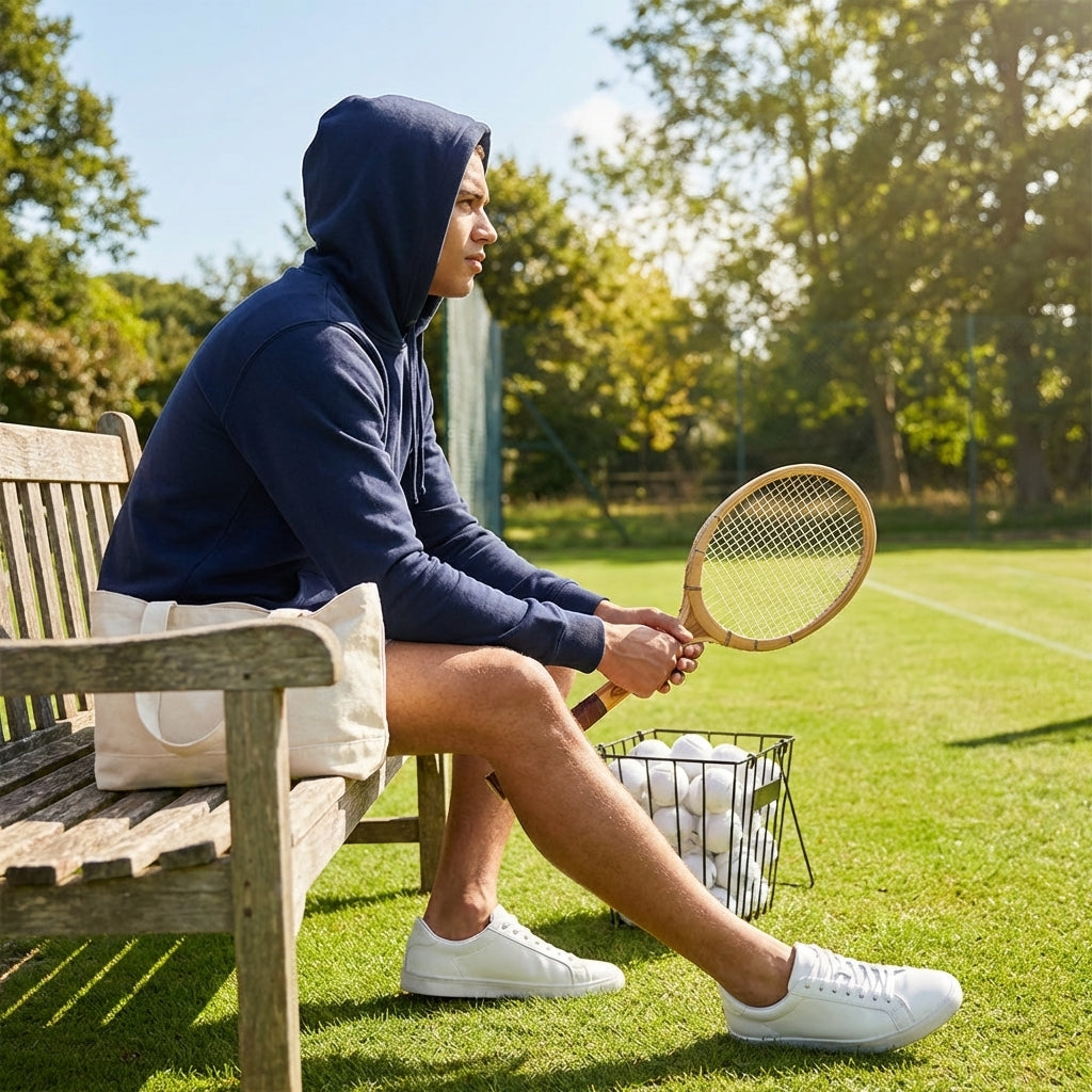 Navy cotton hoodie in sizes XS to XXL, featuring adjustable hood and kangaroo pocket