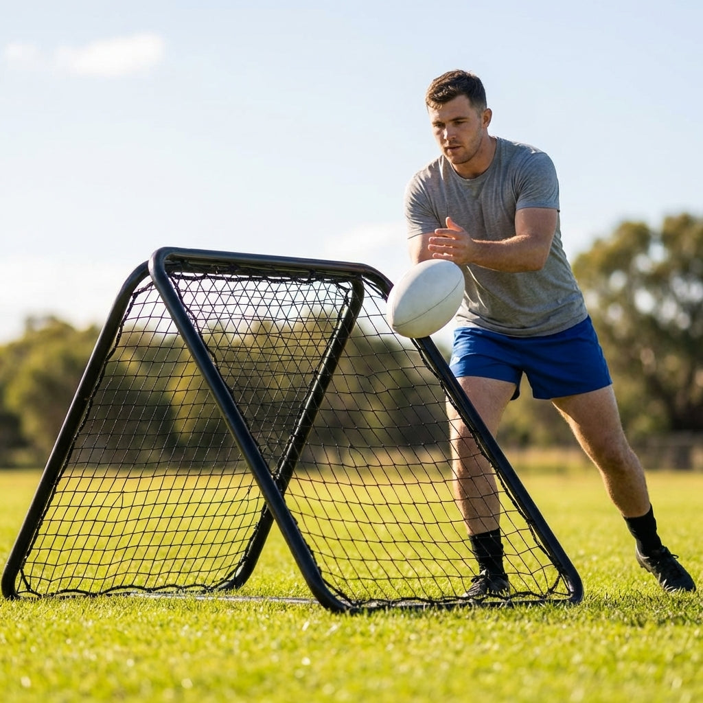 Rugby rebounder with adjustable steel frame for training