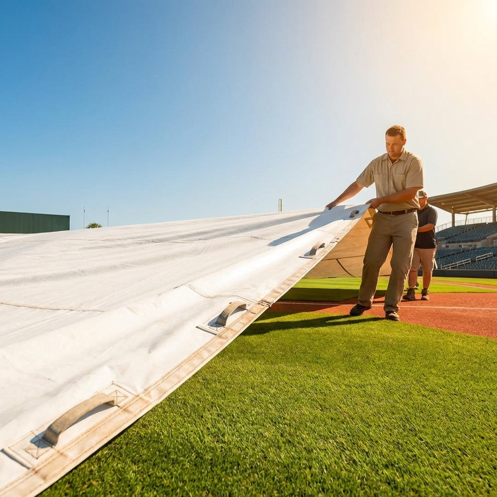 Green heavy-duty baseball field tarp with reinforced edges and handles