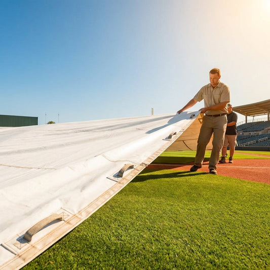 Green heavy-duty baseball field tarp with reinforced edges and handles
