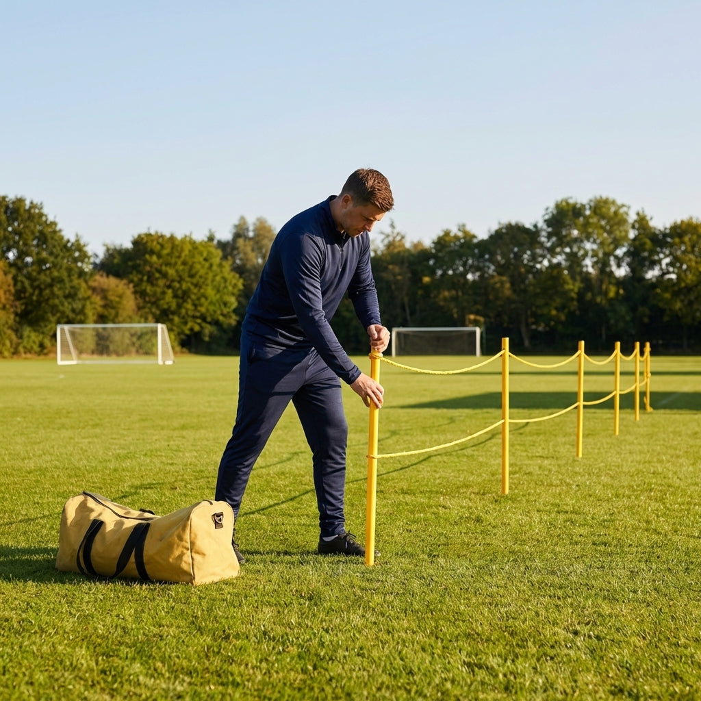 Football crowd control barrier with PVC poles for outdoor use