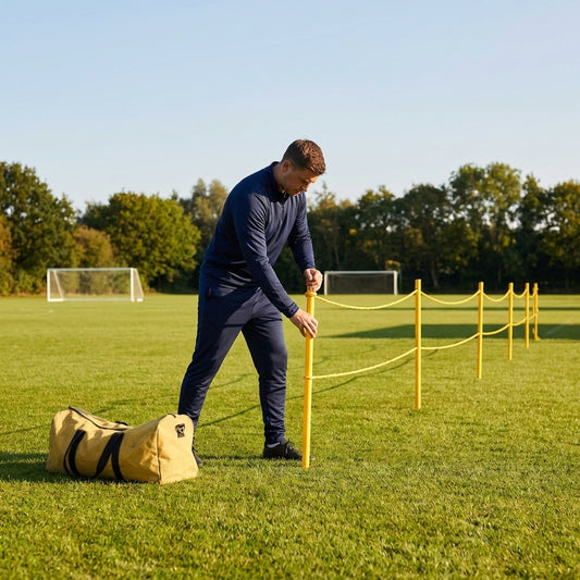 Football crowd control barrier with PVC poles for outdoor use