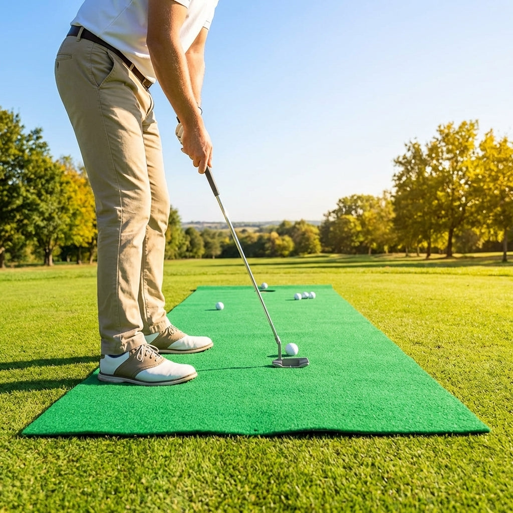 Golf putting mat with non-crease polyester surface for indoor and outdoor use