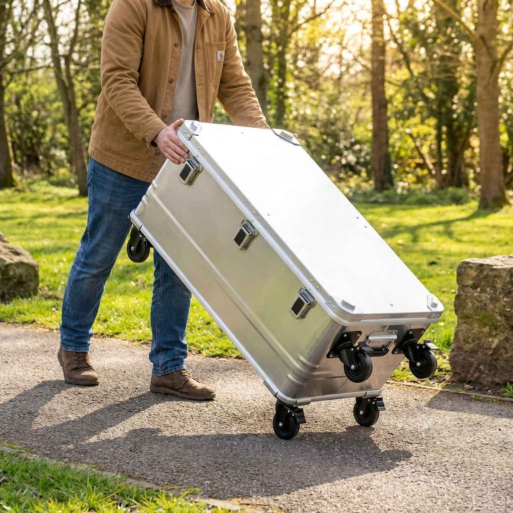Clip-on castor wheels for aluminium storage boxes