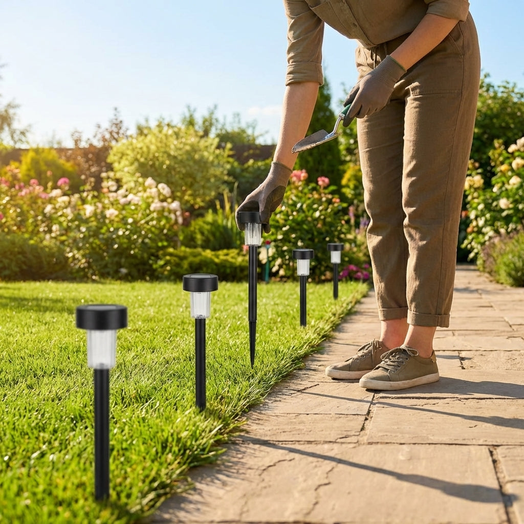 Solar-powered garden lights in black and silver, outdoor pathway lighting