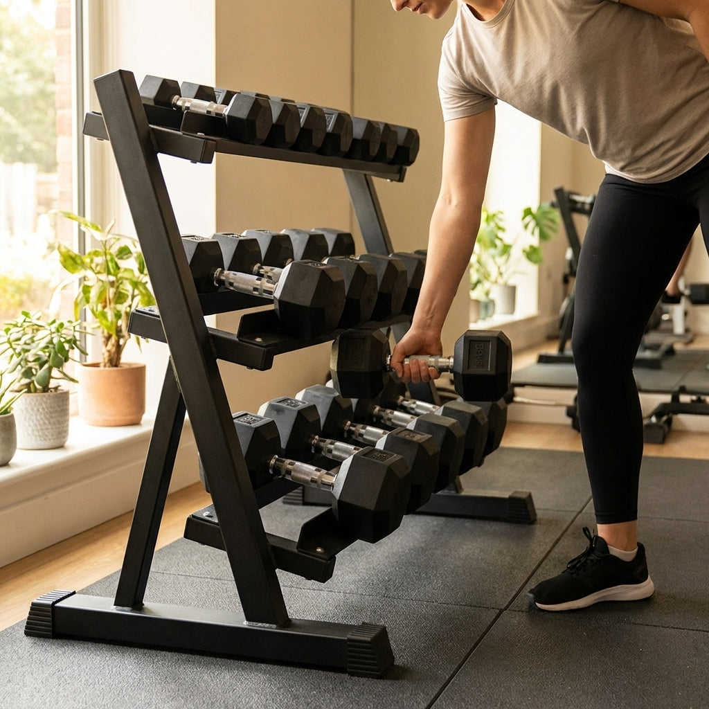 Dumbbell tree rack for home and gym, steel and rubber construction
