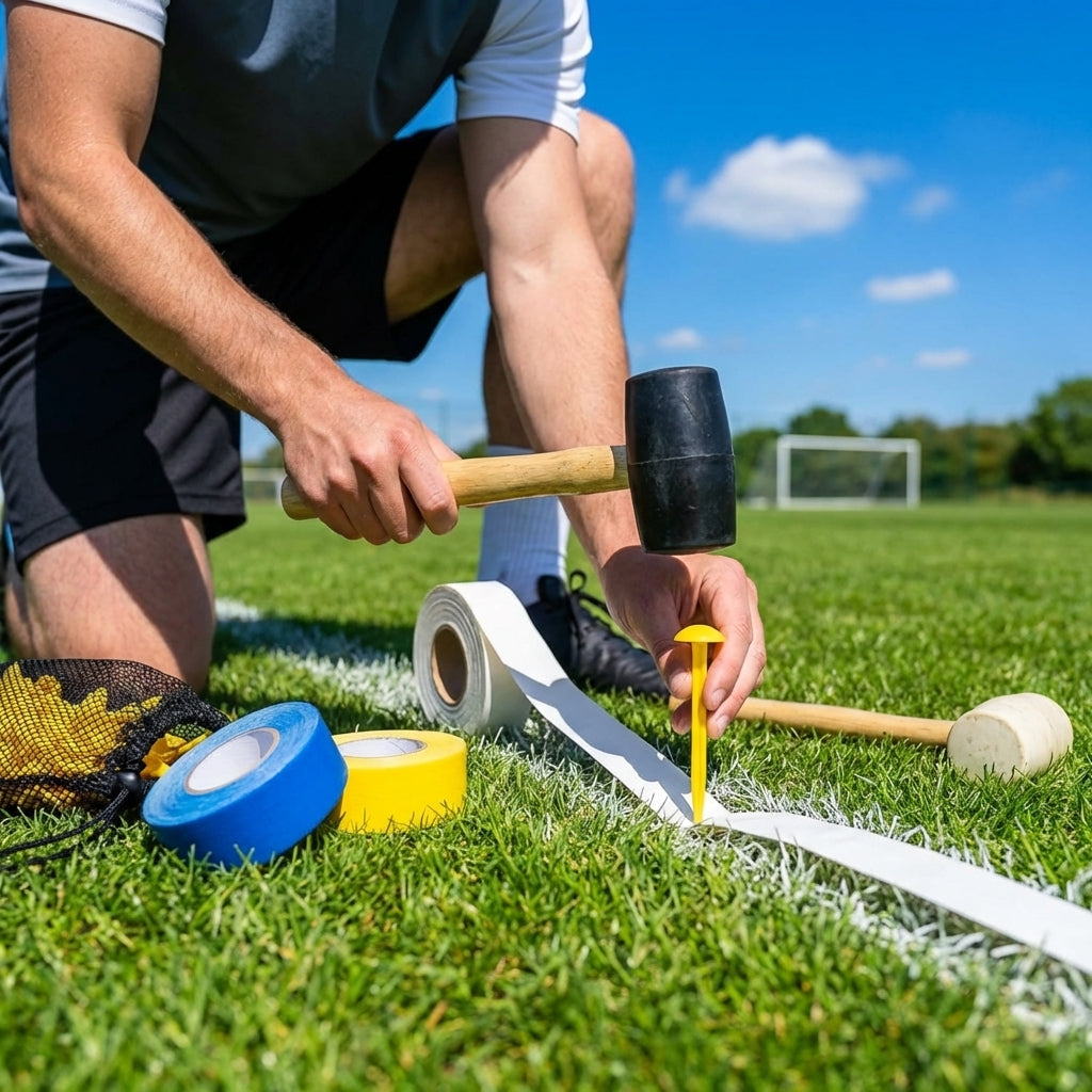 Elastic line marking tape in white, yellow, and blue for sports pitches - product detail