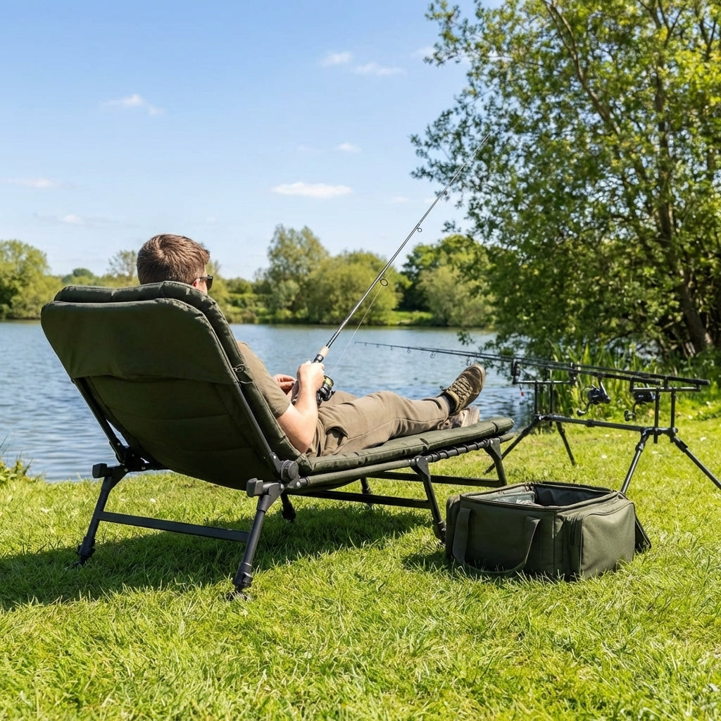 Fishing bed chair with fire-resistant 600D Oxford fabric, ideal for carp angling