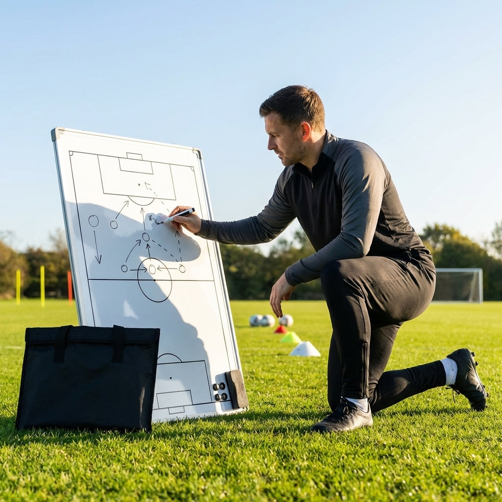 Double-sided coaching whiteboard with aluminium frame and markers