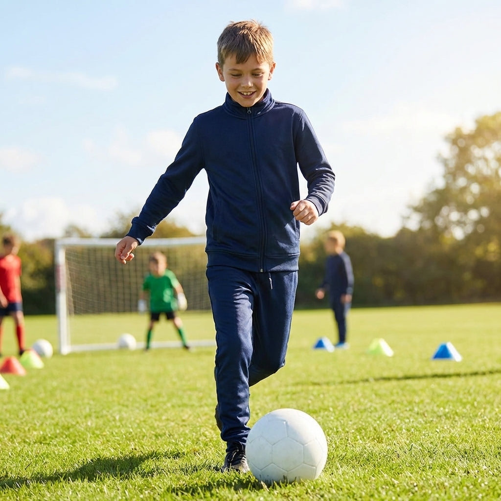 Kids' full zip tracksuit in polyester, shown in navy blue and black