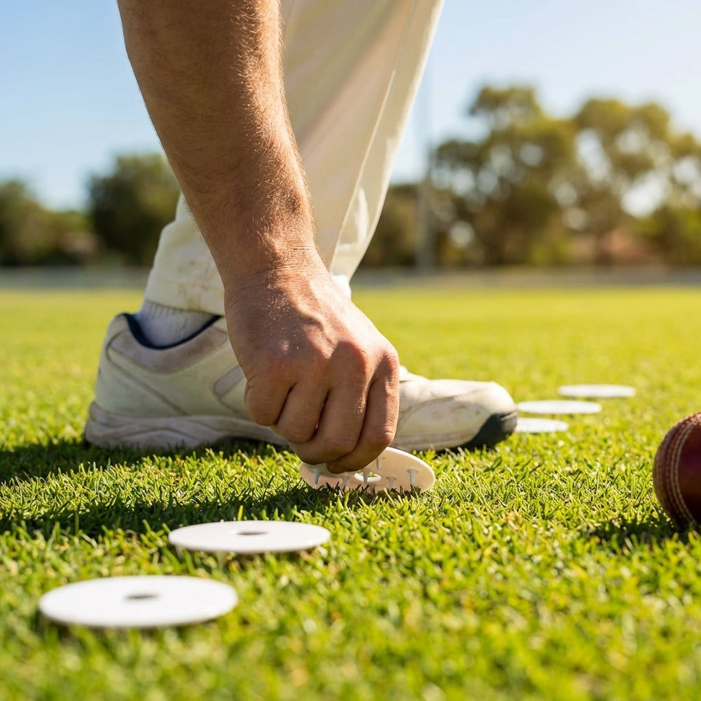 Pack of 5 Bowlers Run-Up Marker Discs in durable white plastic for cricket fields