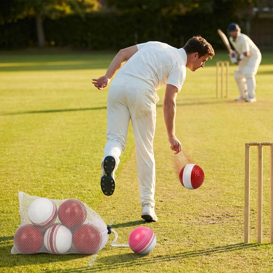 Cricket training ball with reverse swing capability, in red/white and pink/white - product detail