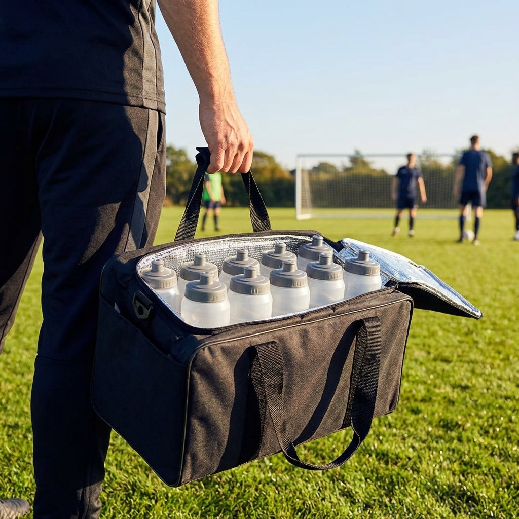 Water bottle carry bag in black with capacity for 10 bottles, made from durable fabric