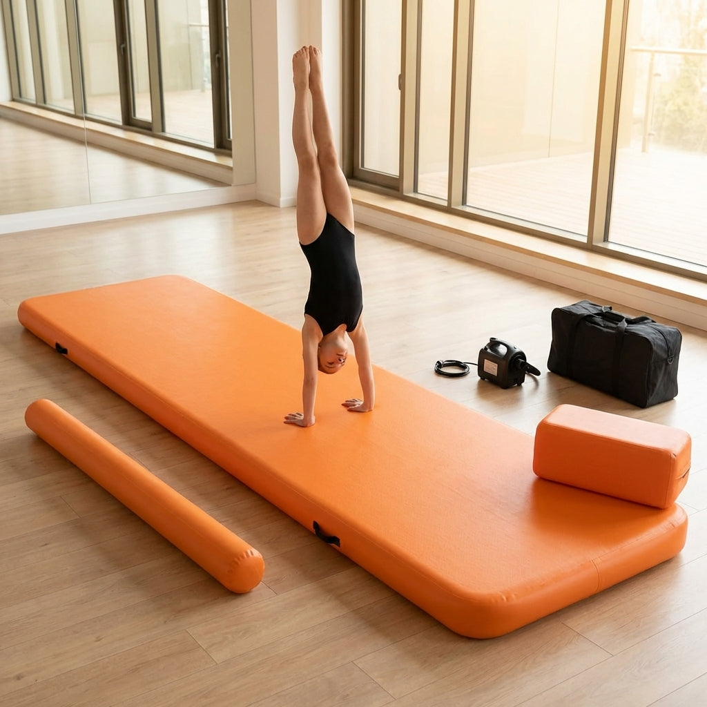 Inflatable gymnastics mat set including mat, beam, and block in use