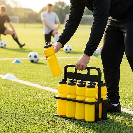 Hygiene water bottles with a 1-litre capacity and stackable carrier for sports use