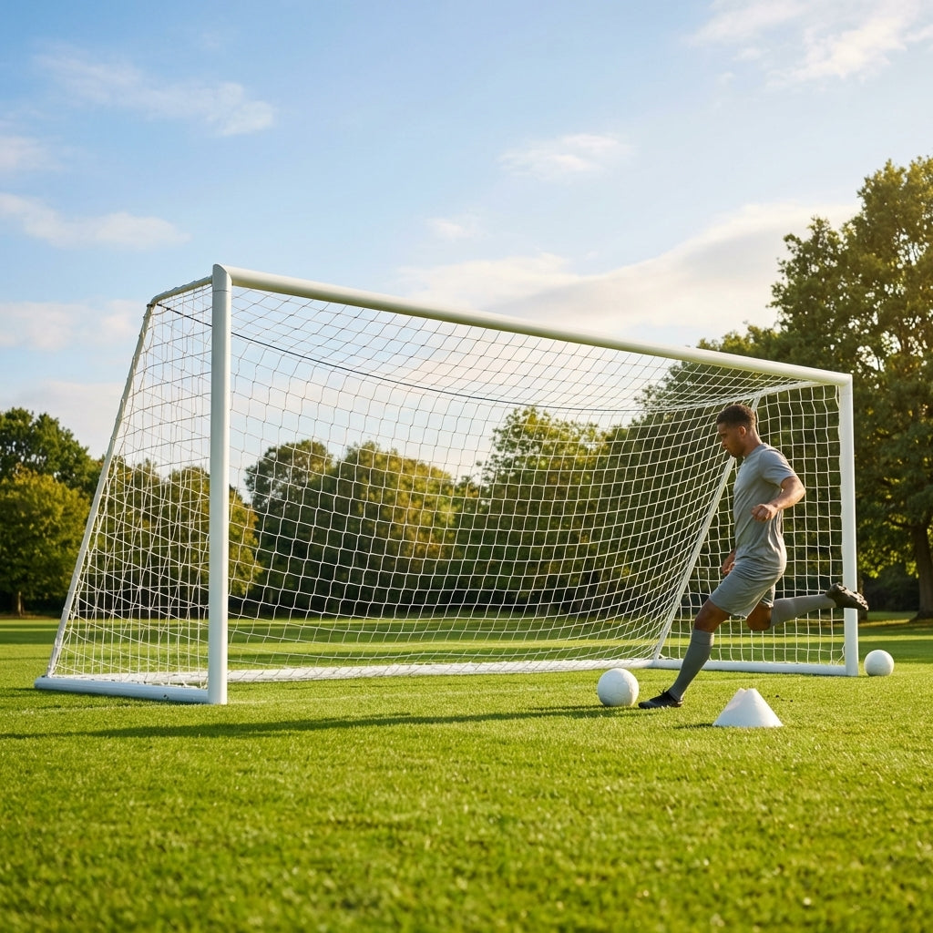 Aluminium socketed football goal with reinforced frame and weatherproof net