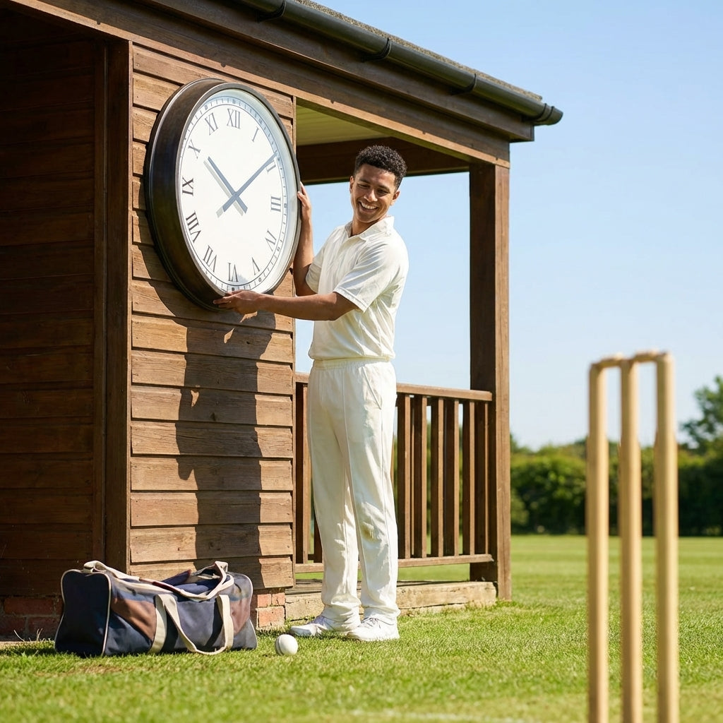 Outdoor pavilion clock with custom design options for cricket grounds