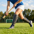 Hockey shin pads with polypropylene shell and EVA foam lining for field protection