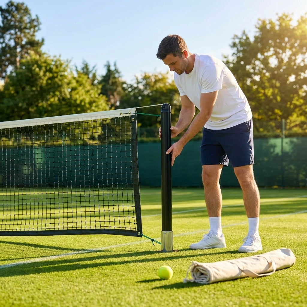 Professional tennis net and posts setup in green