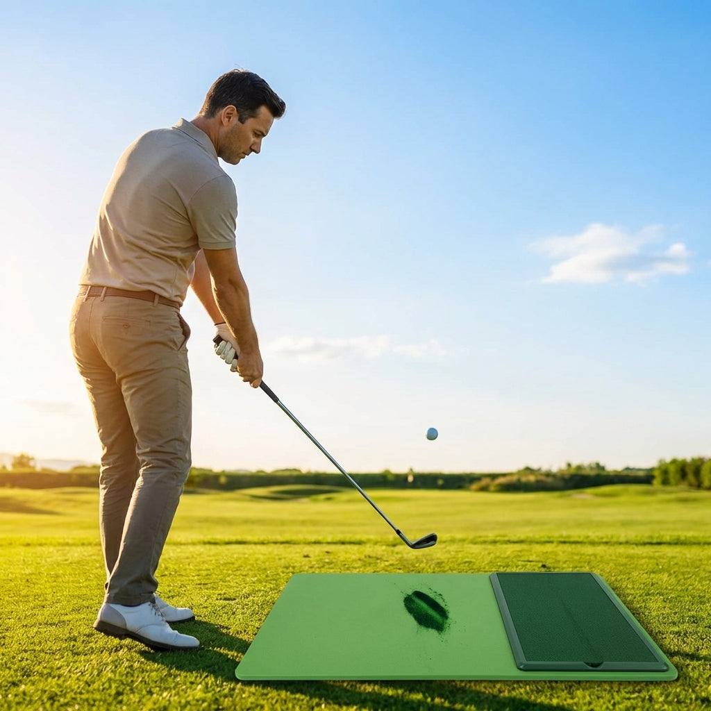 Golf swing training mat showing swing path on green fabric