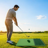 Golf swing training mat showing swing path on green fabric