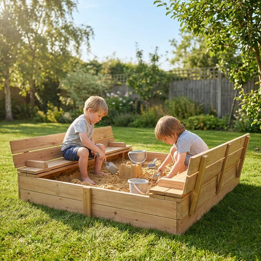 Wooden sand pit with benches, ideal for garden use - product detail