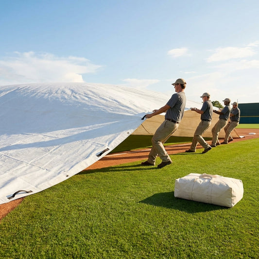 Green heavy-duty baseball field tarp with reinforced edges and handles - product detail