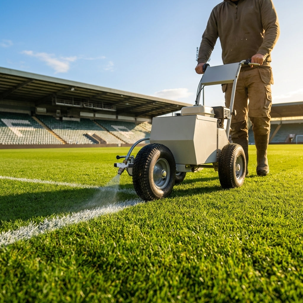 Electric line marking machine for sports pitches, featuring adjustable width and zinc-plated steel frame