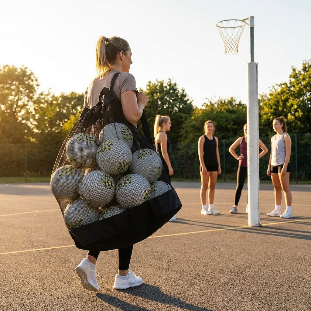 Netball carry bag with 12 netballs, mesh design for easy transport