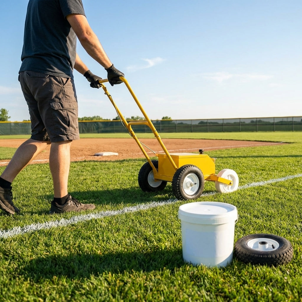 Baseball field line marker with steel tank and pneumatic wheels - product detail