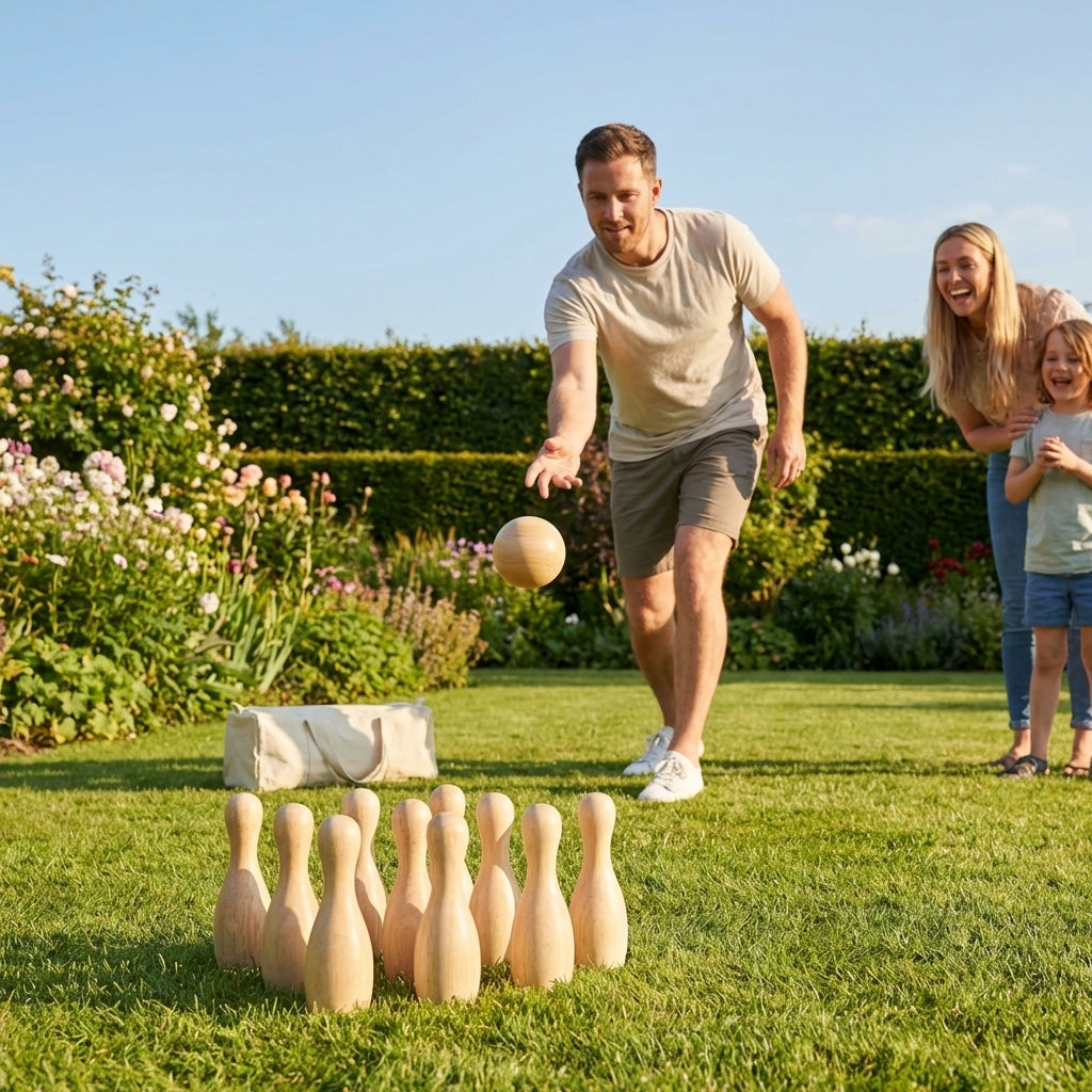 Wooden Skittles Set with 10 Pins and 3 Balls for Outdoor Use