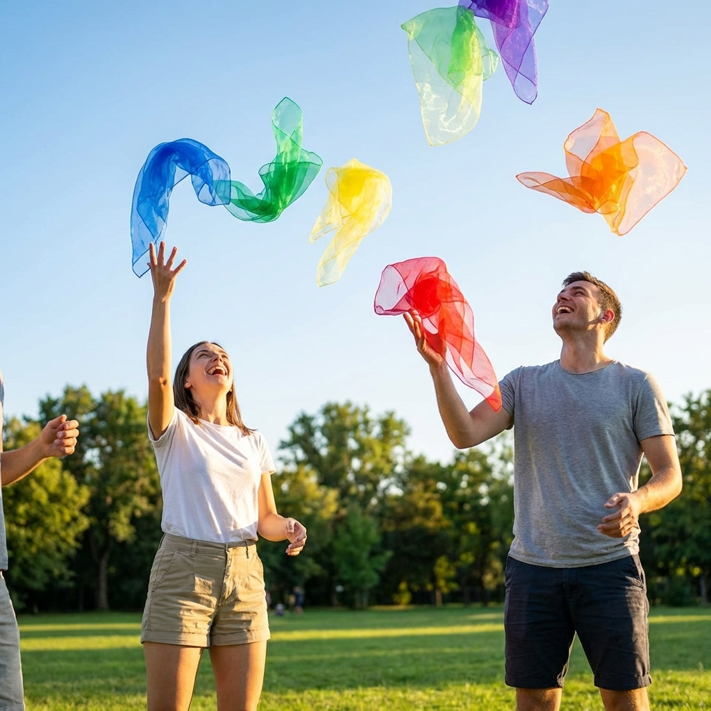 Pack of 10 colourful juggling scarves for fun and skill enhancement - product detail