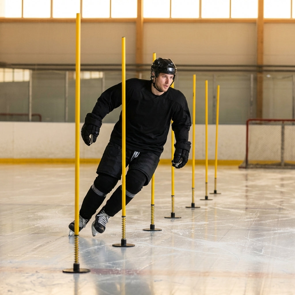 Ice hockey training agility slalom poles, spring-loaded