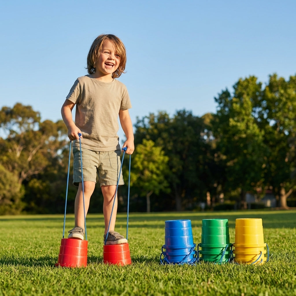 Kids bucket stilts in vibrant colours for indoor and outdoor play