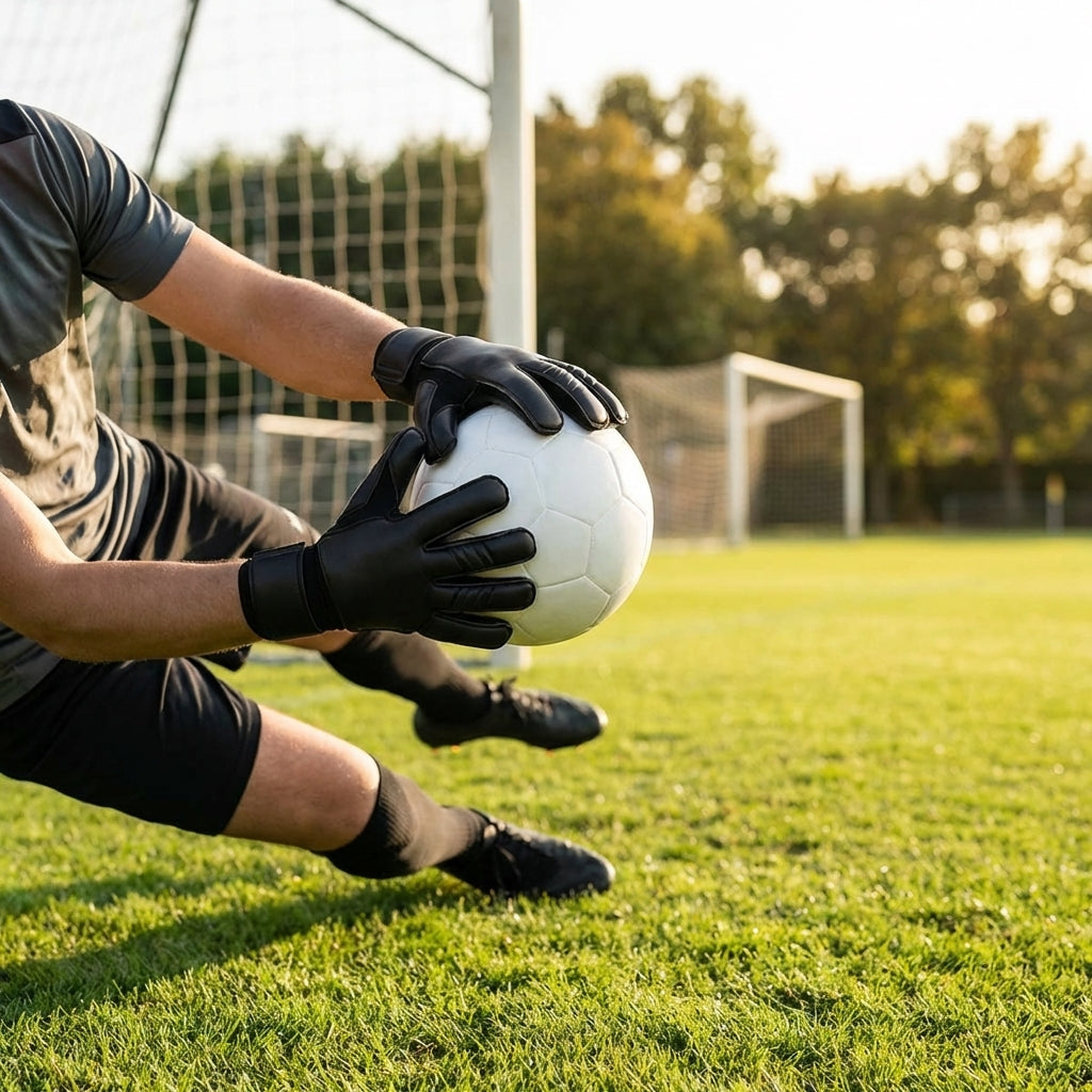 Goalkeeper gloves with latex grip and mesh backhand