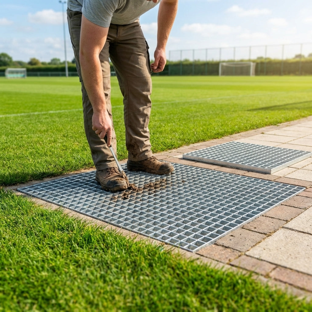 Galvanised steel foot grate for sports pitches and courts