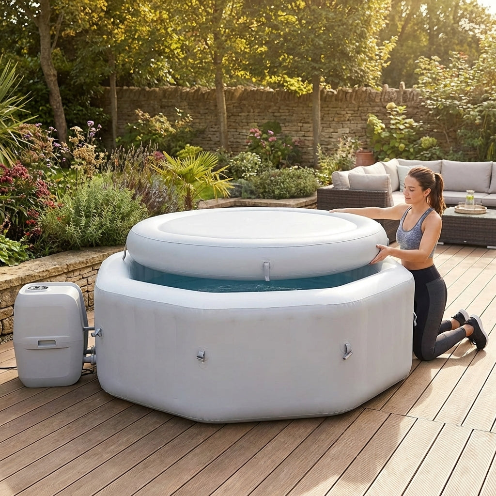 Inflatable hot tub cover in grey, made from durable PVC