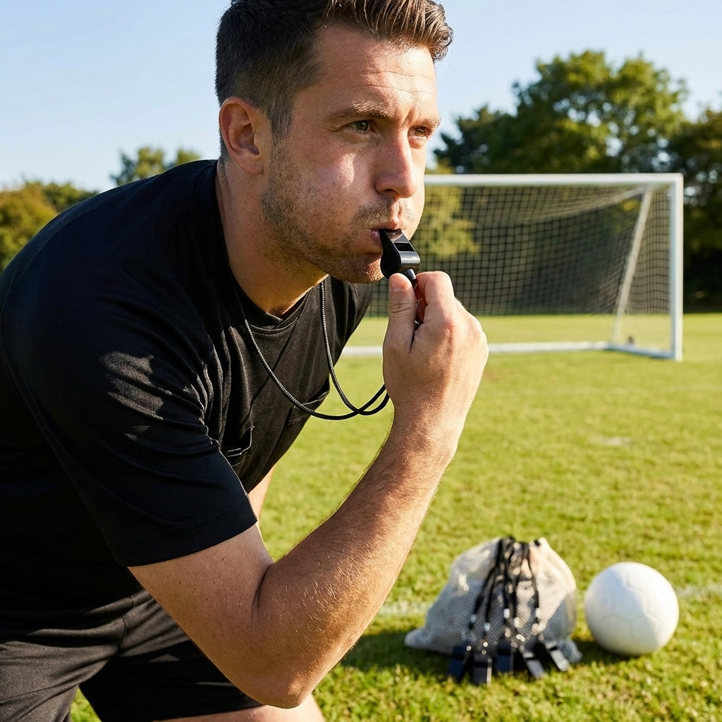 Black sports whistle with lanyard for school and club use - product detail