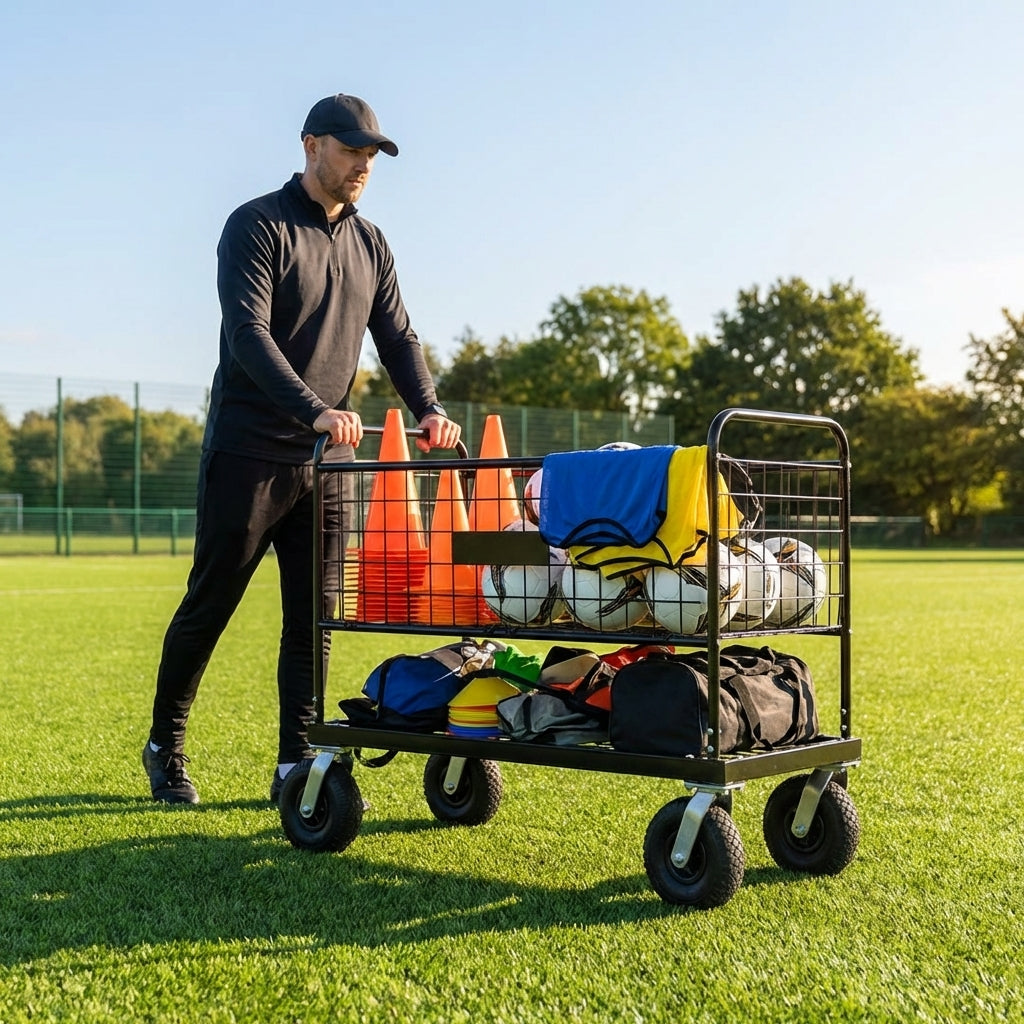 Heavy duty sports equipment storage trolley with steel frame