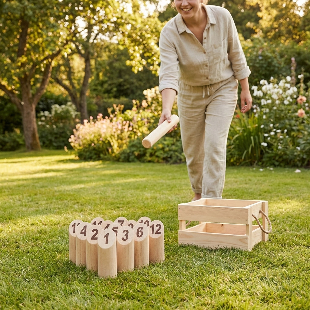 Wooden Skittle Game set with 12 numbered pins and a throwing baton