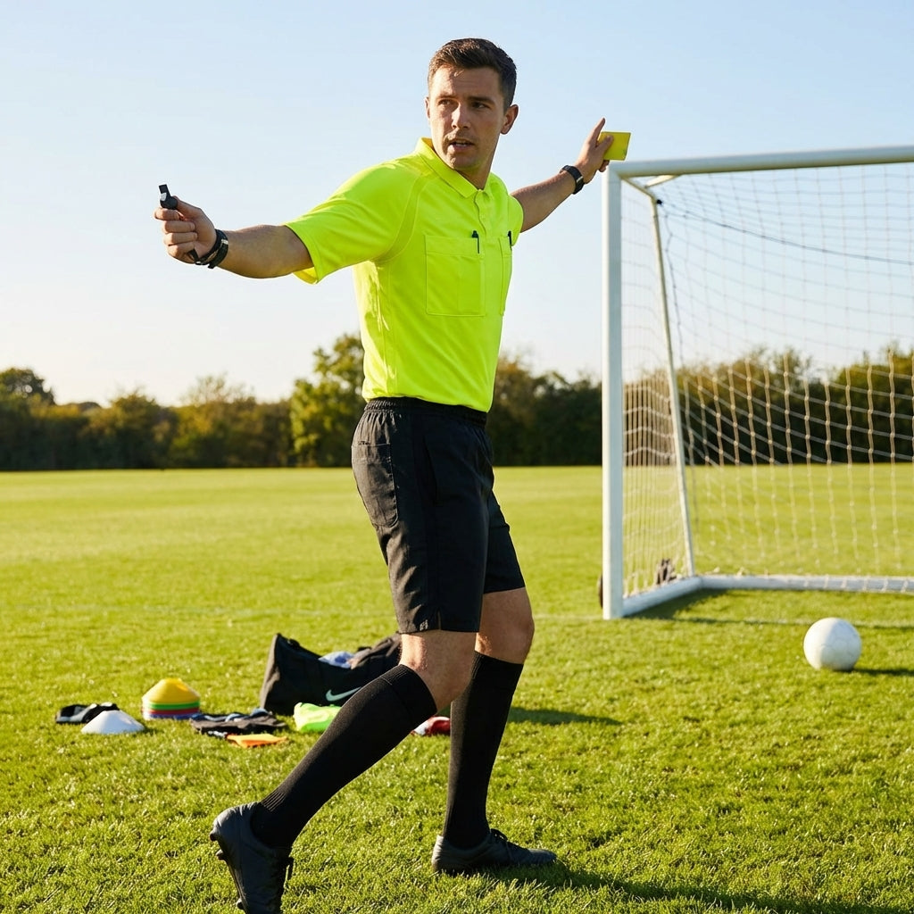 Football referee kit with fluro yellow or black shirt, shorts, and socks - product detail