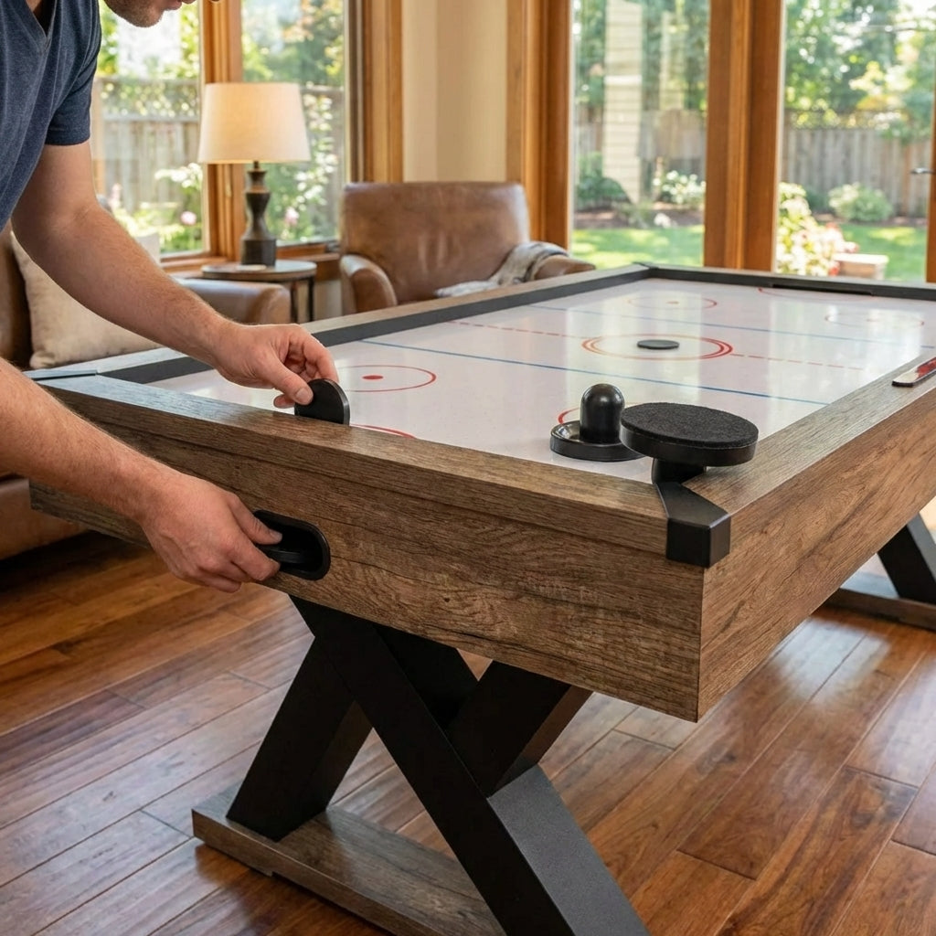 Air hockey table spare parts set including legs, puck, motor, and scoreboard