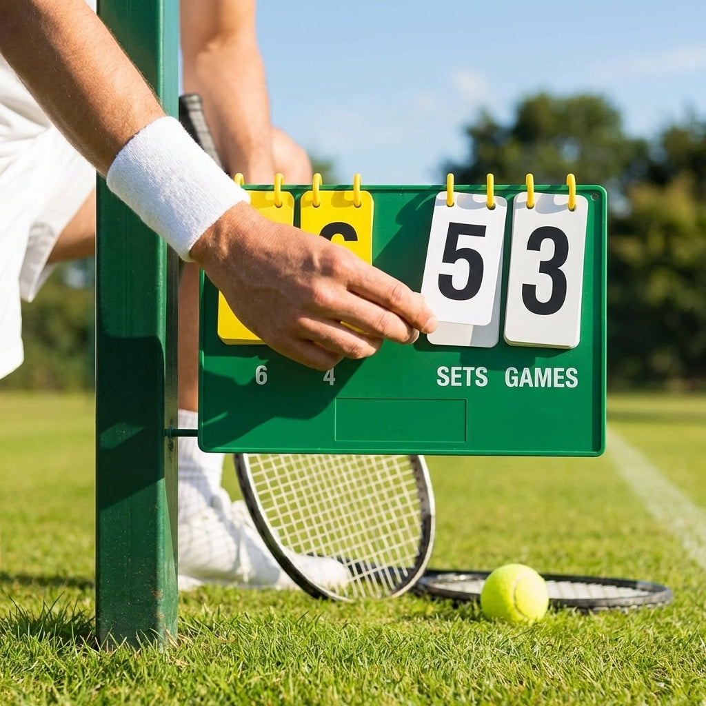Tennis Post Scoreboard with black and white flip cards, compatible with all tennis posts