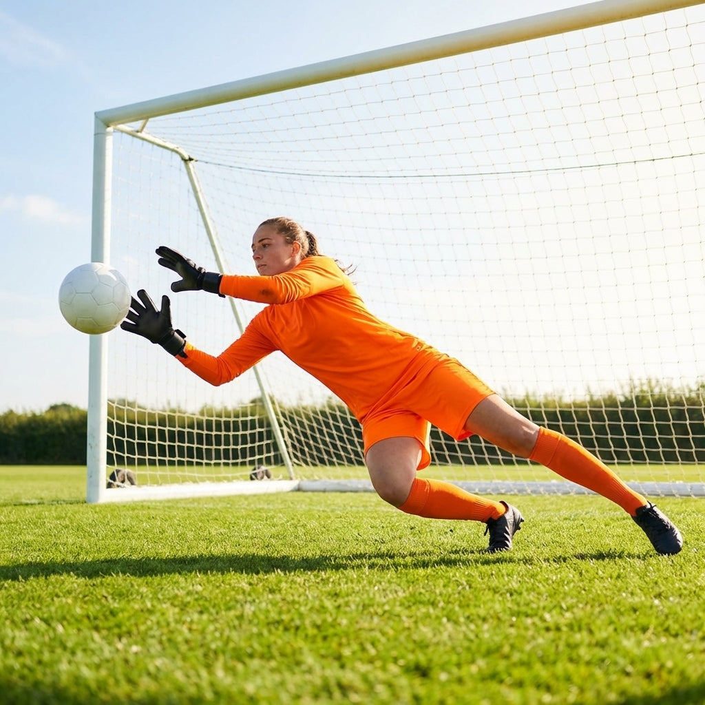 Women's Goalkeeper Kit including long sleeve shirt, shorts, and knee-high socks