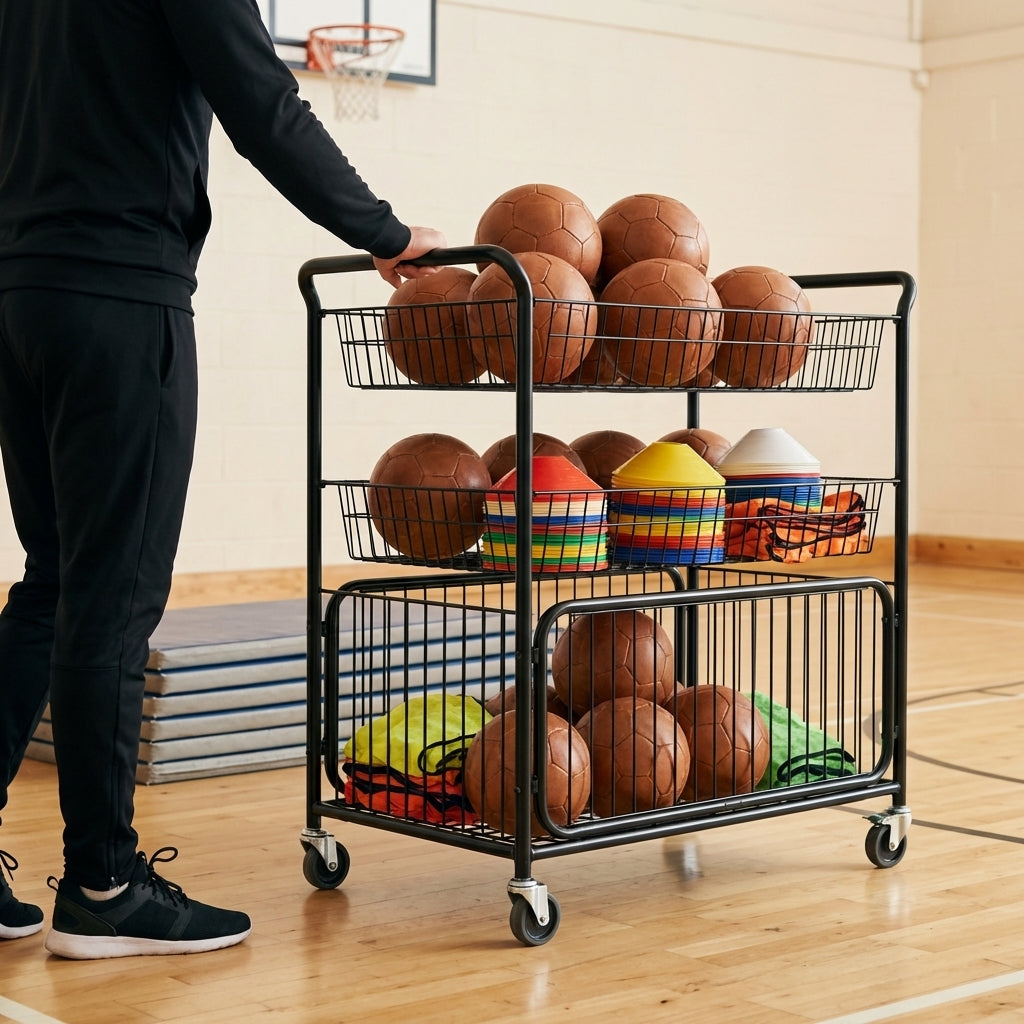 Sports storage trolley with mesh baskets and wheels