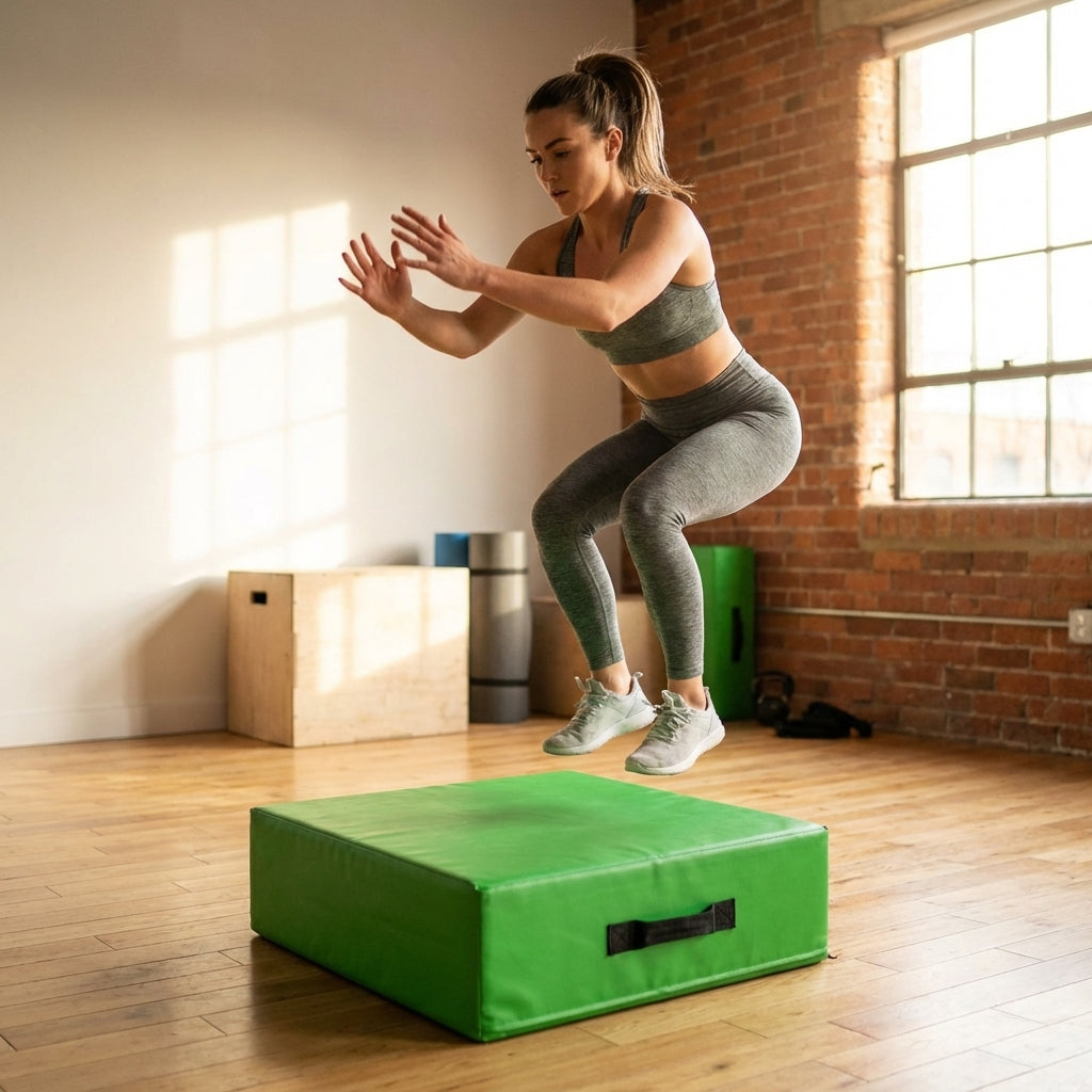 Plyometric jump boxes in various colours and heights for gym workouts